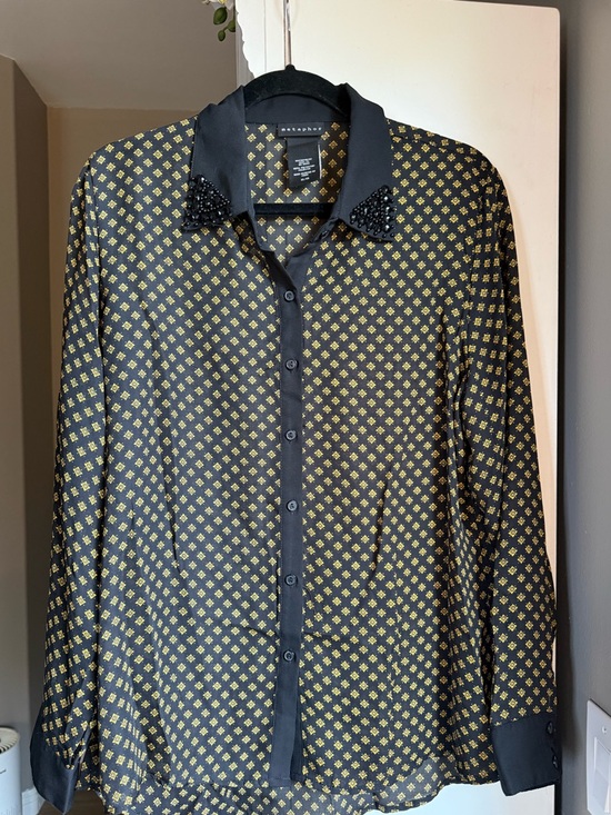 Metaphor Tops - Metaphor Black & Gold Patterned Long-Sleeve Shirt with embellished collar
